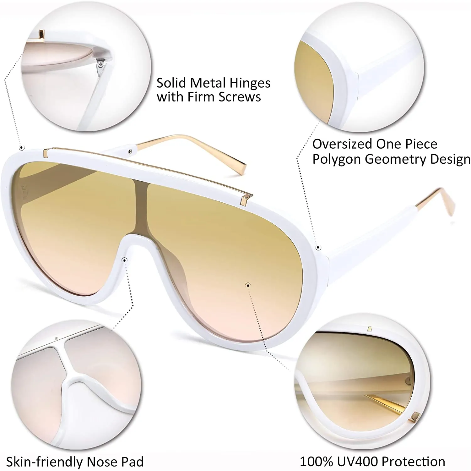Premium Look White Retro Design Oversized One Piece Sunglasses