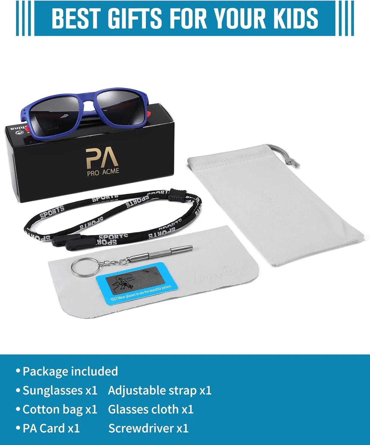 Pro Acme Kids Polarized Sunglasses，Unbreakable Flexible Rectangular Frame Sports Boys Girls Sun Glass with Strap Age 4-12