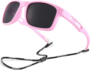 Pro Acme Kids Polarized Sunglasses，Unbreakable Flexible Rectangular Frame Sports Boys Girls Sun Glass with Strap Age 4-12