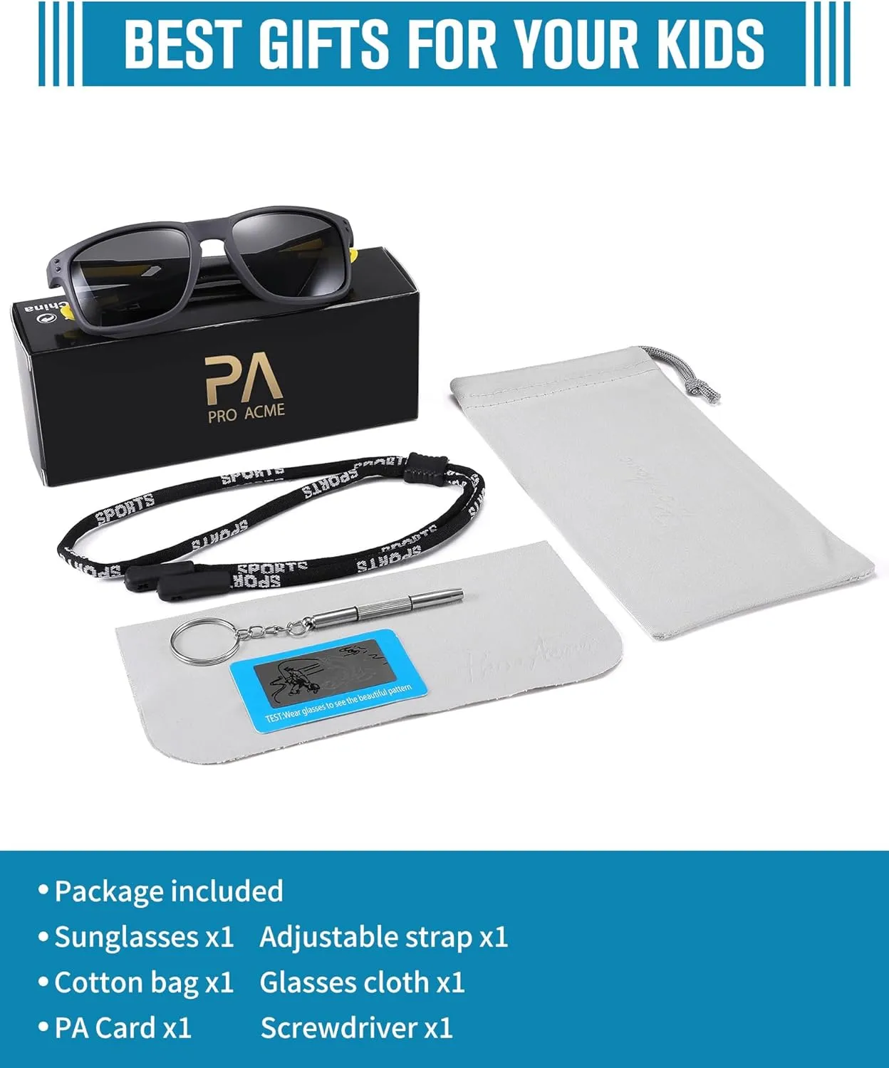 Pro Acme Kids Polarized Sunglasses，Unbreakable Flexible Rectangular Frame Sports Boys Girls Sun Glass with Strap Age 4-12