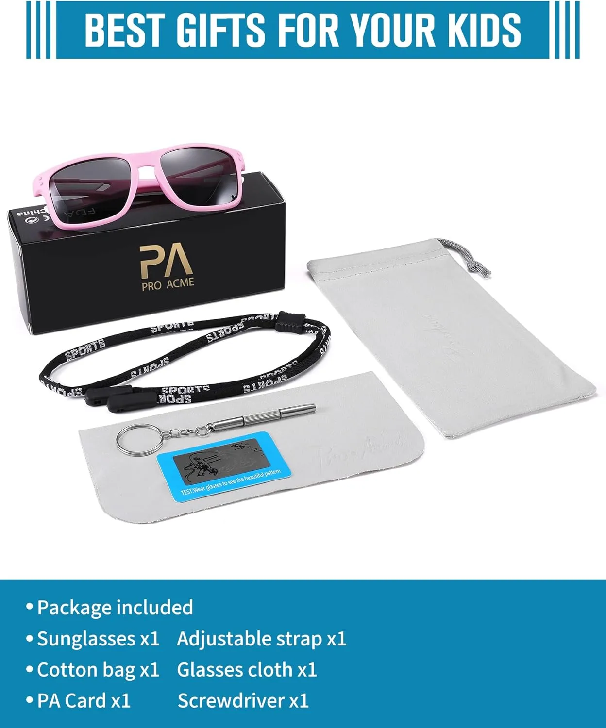 Pro Acme Kids Polarized Sunglasses，Unbreakable Flexible Rectangular Frame Sports Boys Girls Sun Glass with Strap Age 4-12