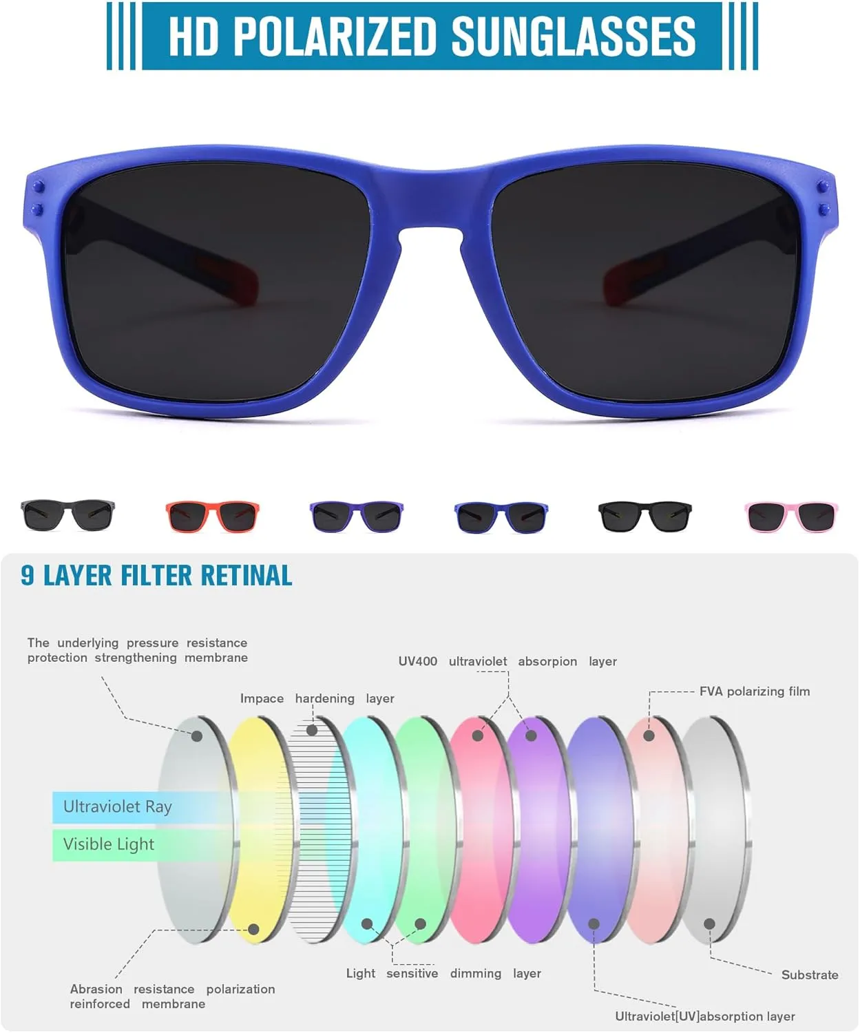Pro Acme Kids Polarized Sunglasses，Unbreakable Flexible Rectangular Frame Sports Boys Girls Sun Glass with Strap Age 4-12