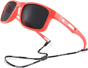 Pro Acme Kids Polarized Sunglasses，Unbreakable Flexible Rectangular Frame Sports Boys Girls Sun Glass with Strap Age 4-12