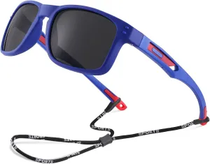 Pro Acme Kids Polarized Sunglasses，Unbreakable Flexible Rectangular Frame Sports Boys Girls Sun Glass with Strap Age 4-12