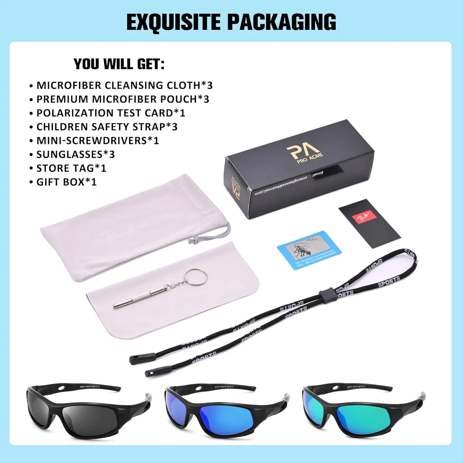 Pro Acme Kids Sunglasses for Boys Girls, Polarized Sports Youth Sunglasses with Strap for Kids Ages 3-12