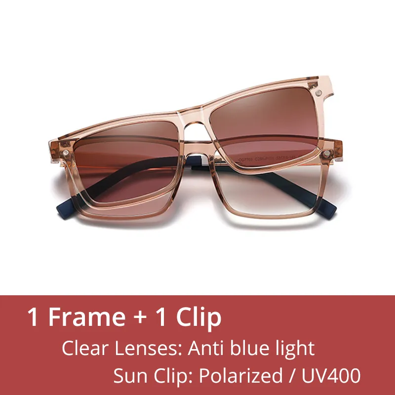 Ralferty Men's Full Rim Rectangle Tr 90 Acetate Eyeglasses With Clip On Polarized Sunglasses D7703