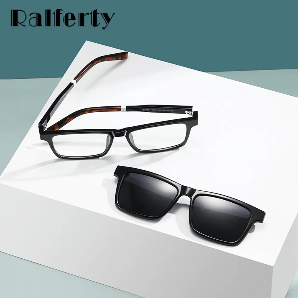 Ralferty Men's Full Rim Rectangle Tr 90 Acetate Eyeglasses With Clip On Polarized Sunglasses D7703