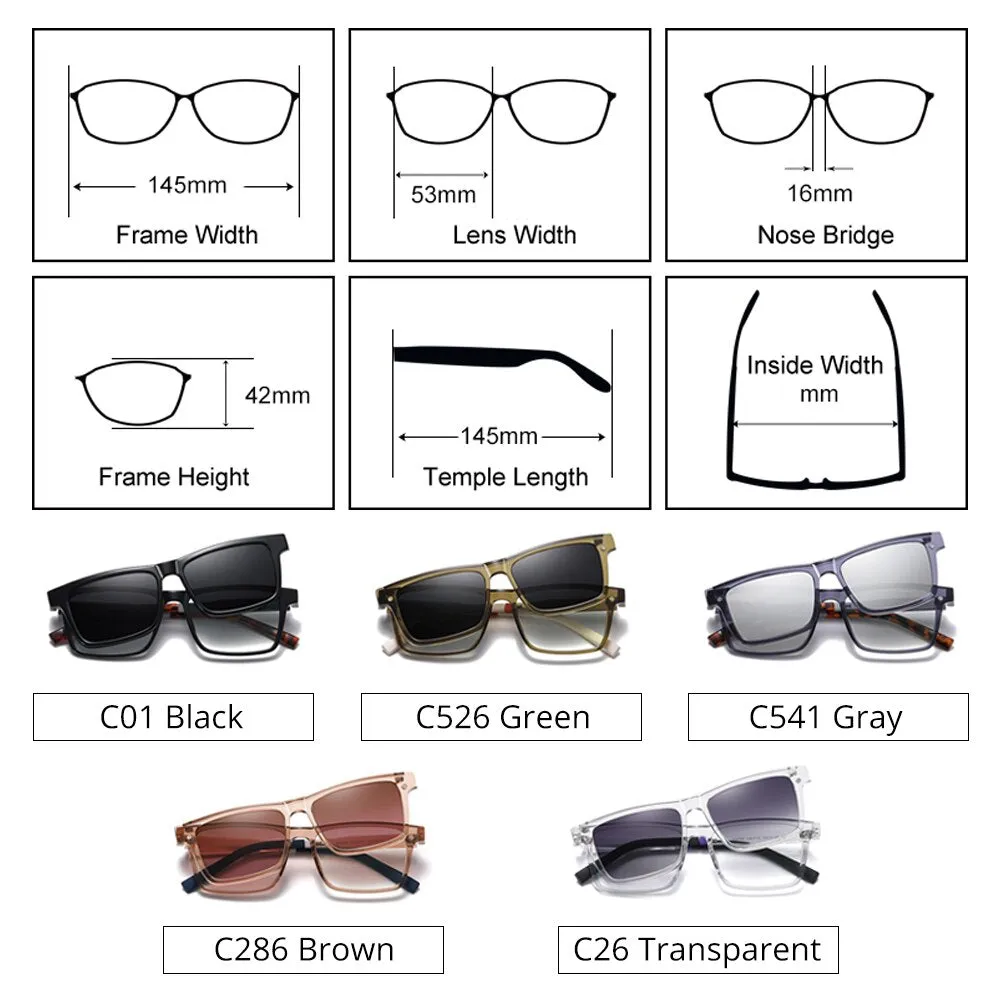 Ralferty Men's Full Rim Rectangle Tr 90 Acetate Eyeglasses With Clip On Polarized Sunglasses D7703