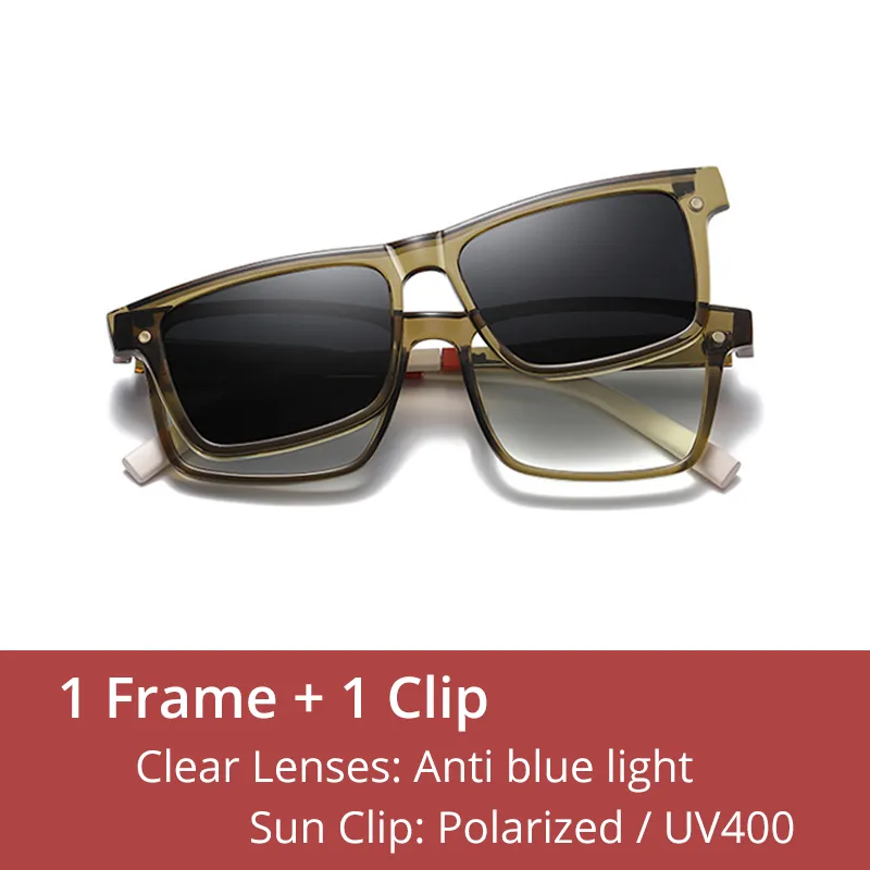 Ralferty Men's Full Rim Rectangle Tr 90 Acetate Eyeglasses With Clip On Polarized Sunglasses D7703