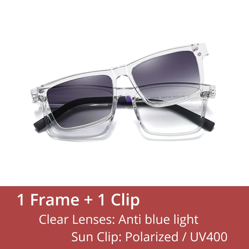Ralferty Men's Full Rim Rectangle Tr 90 Acetate Eyeglasses With Clip On Polarized Sunglasses D7703