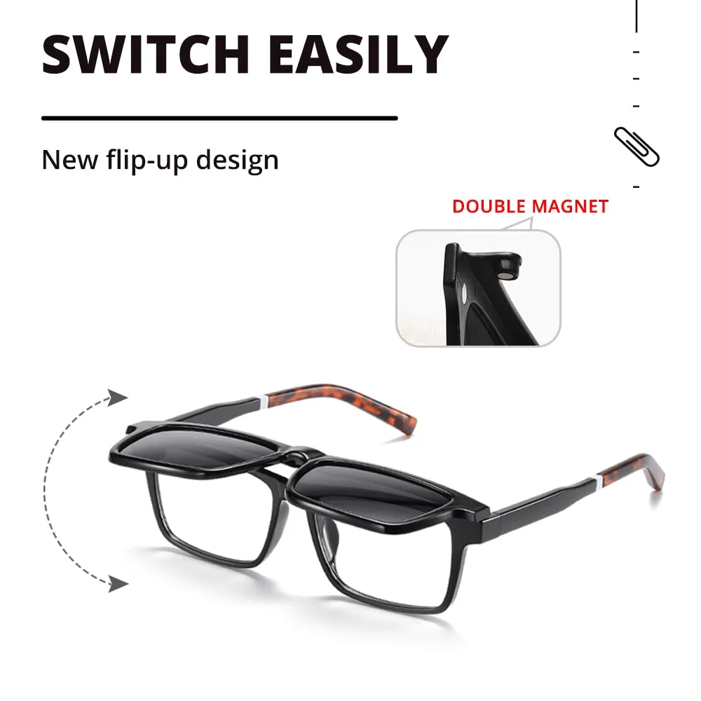 Ralferty Men's Full Rim Rectangle Tr 90 Acetate Eyeglasses With Clip On Polarized Sunglasses D7703