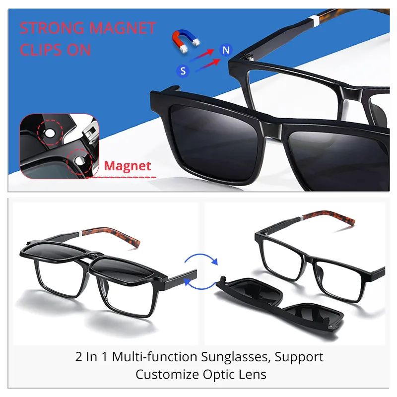 Ralferty Men's Full Rim Rectangle Tr 90 Acetate Eyeglasses With Clip On Polarized Sunglasses D7703