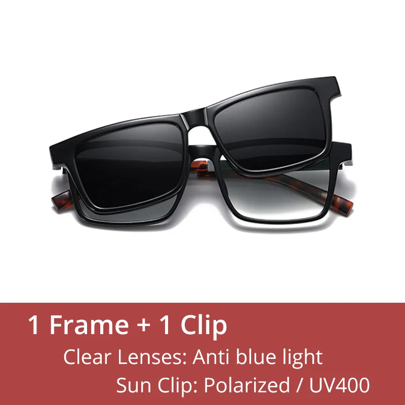 Ralferty Men's Full Rim Rectangle Tr 90 Acetate Eyeglasses With Clip On Polarized Sunglasses D7703