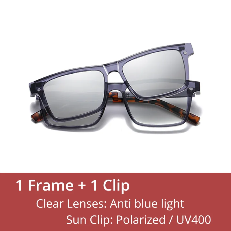 Ralferty Men's Full Rim Rectangle Tr 90 Acetate Eyeglasses With Clip On Polarized Sunglasses D7703