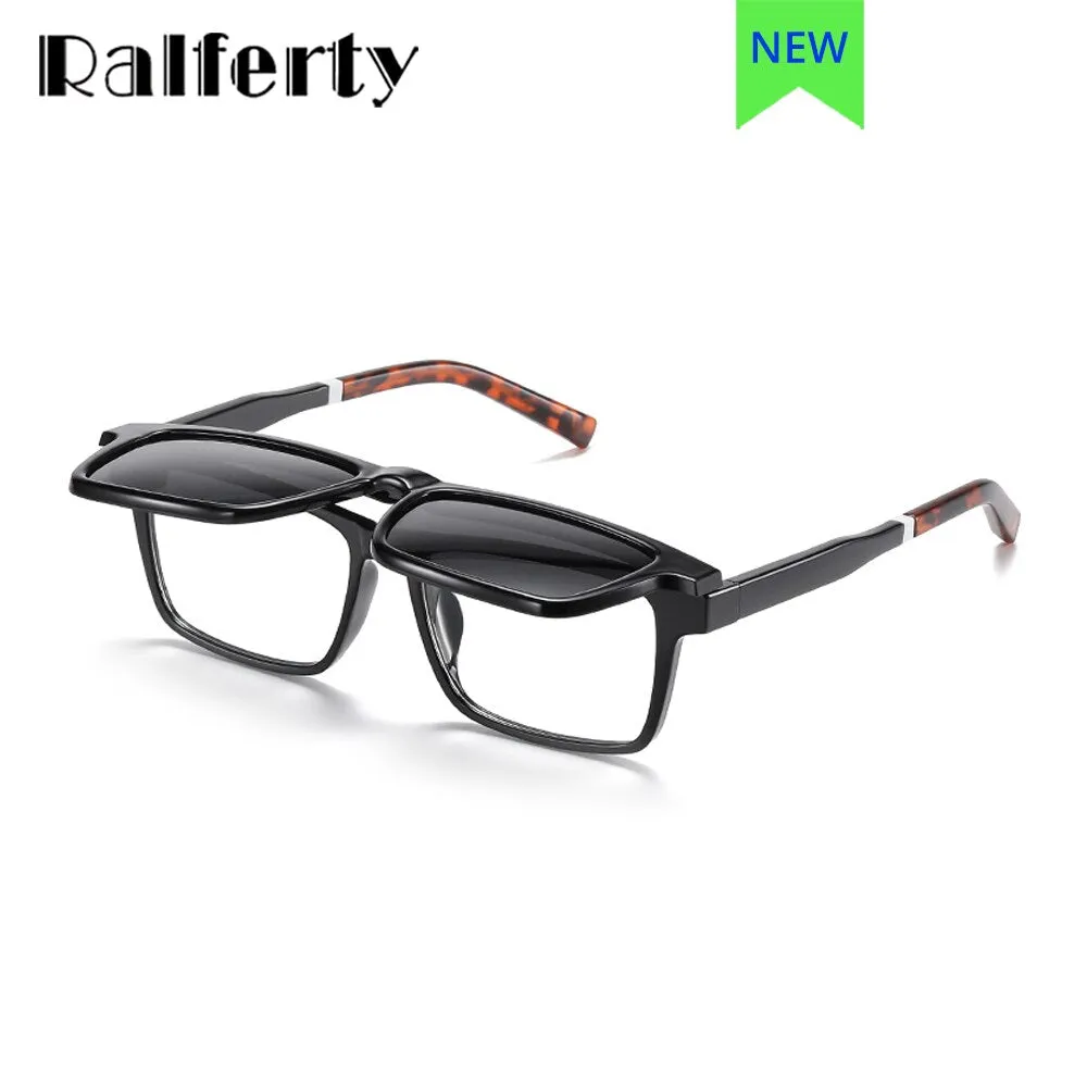Ralferty Men's Full Rim Rectangle Tr 90 Acetate Eyeglasses With Clip On Polarized Sunglasses D7703