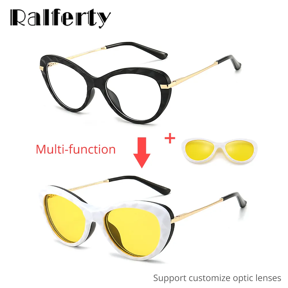 Ralferty Women's Full Rim Square Cat EyeTr 90 Acetate Eyeglasses With Clip On Sunglasses TR2345