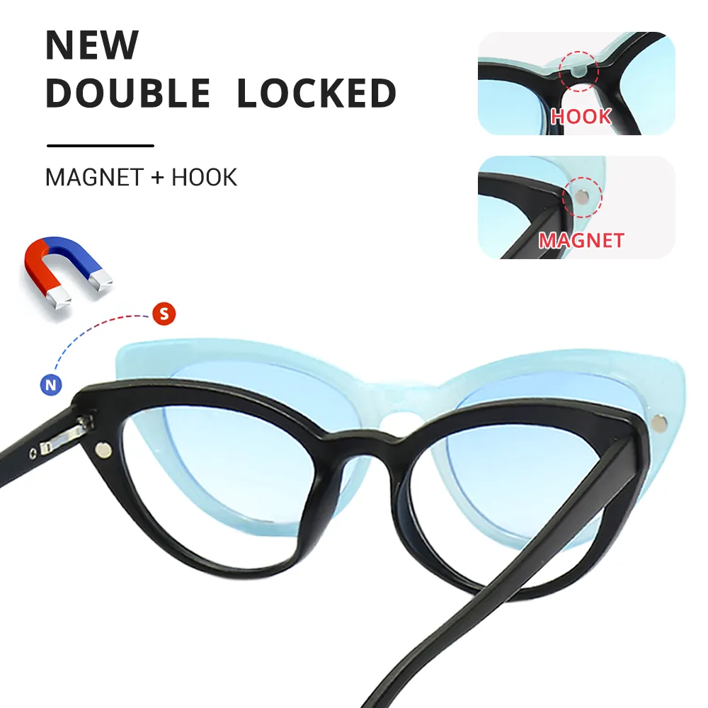 Ralferty Women's Full Rim Square Cat EyeTr 90 Acetate Eyeglasses With Clip On Sunglasses TR2345