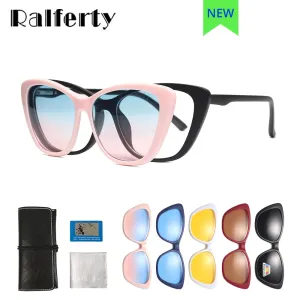 Ralferty Women's Full Rim Square Cat EyeTr 90 Acetate Eyeglasses With Clip On Sunglasses TR2345
