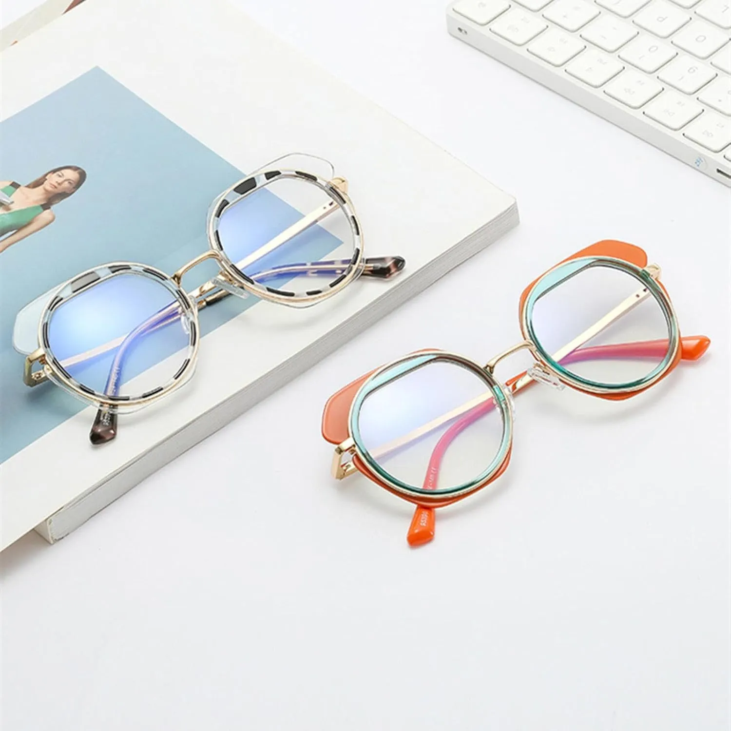 Retro Metal Round Women Glasses Frame Fashion Double Color Irregular Men Frames Eyewear