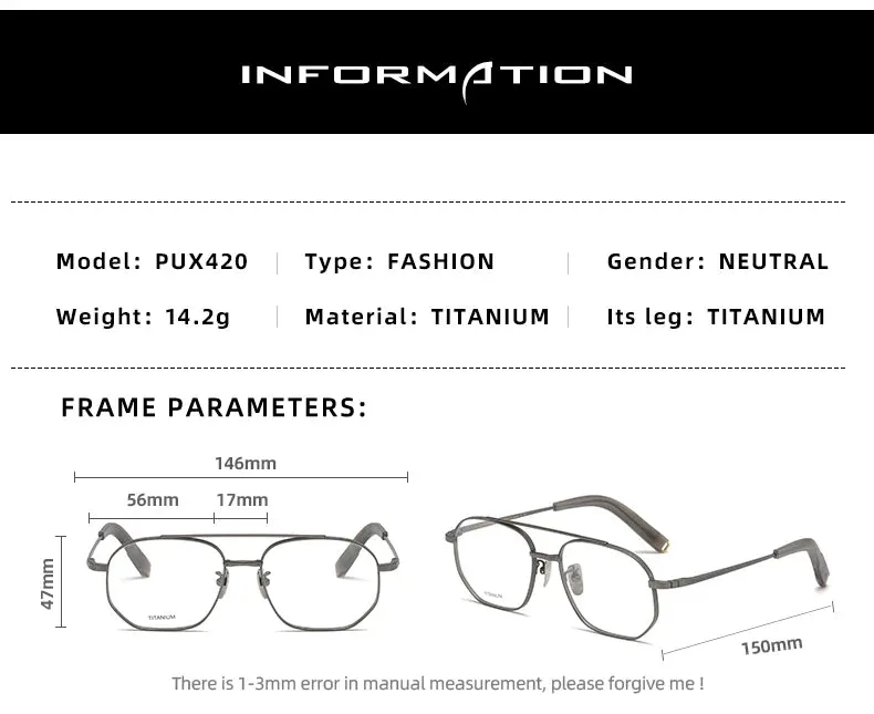 Reven Jate Men's Full Rim Double Bridge Round Titanium Eyeglasses Pux420