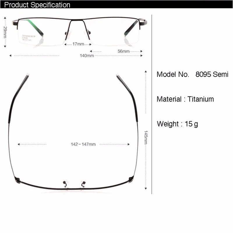 Reven Jate Men's Semi Rim Square Titanium Eyeglasses 8095