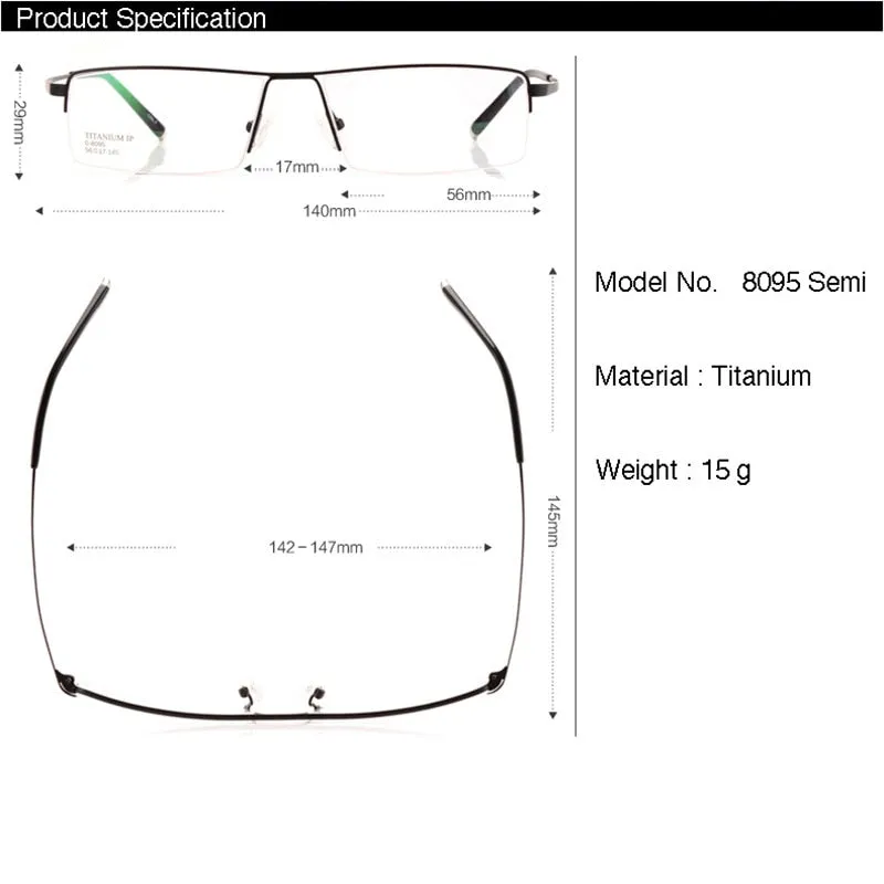 Reven Jate Men's Semi Rim Square Titanium Eyeglasses 8095