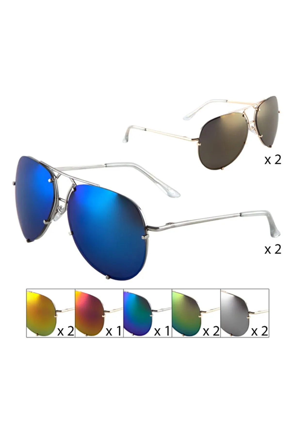 RIMLESS COLOR MIRROR SPRING HINGE AVIATORS WHOLESALE BULK SUNGLASSES/12PCS