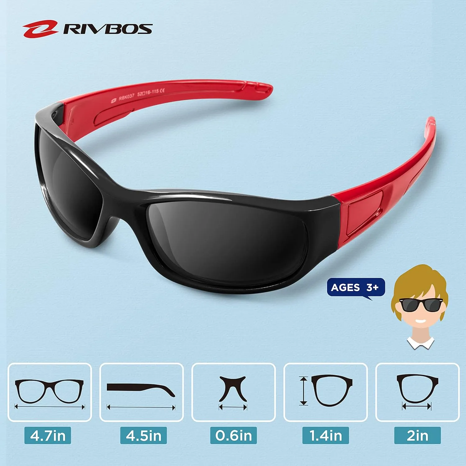 RIVBOS Kids Sunglasses Polarized UV Protection Flexible Rubber Glasses Shades with Strap for Boys Girls RBK037