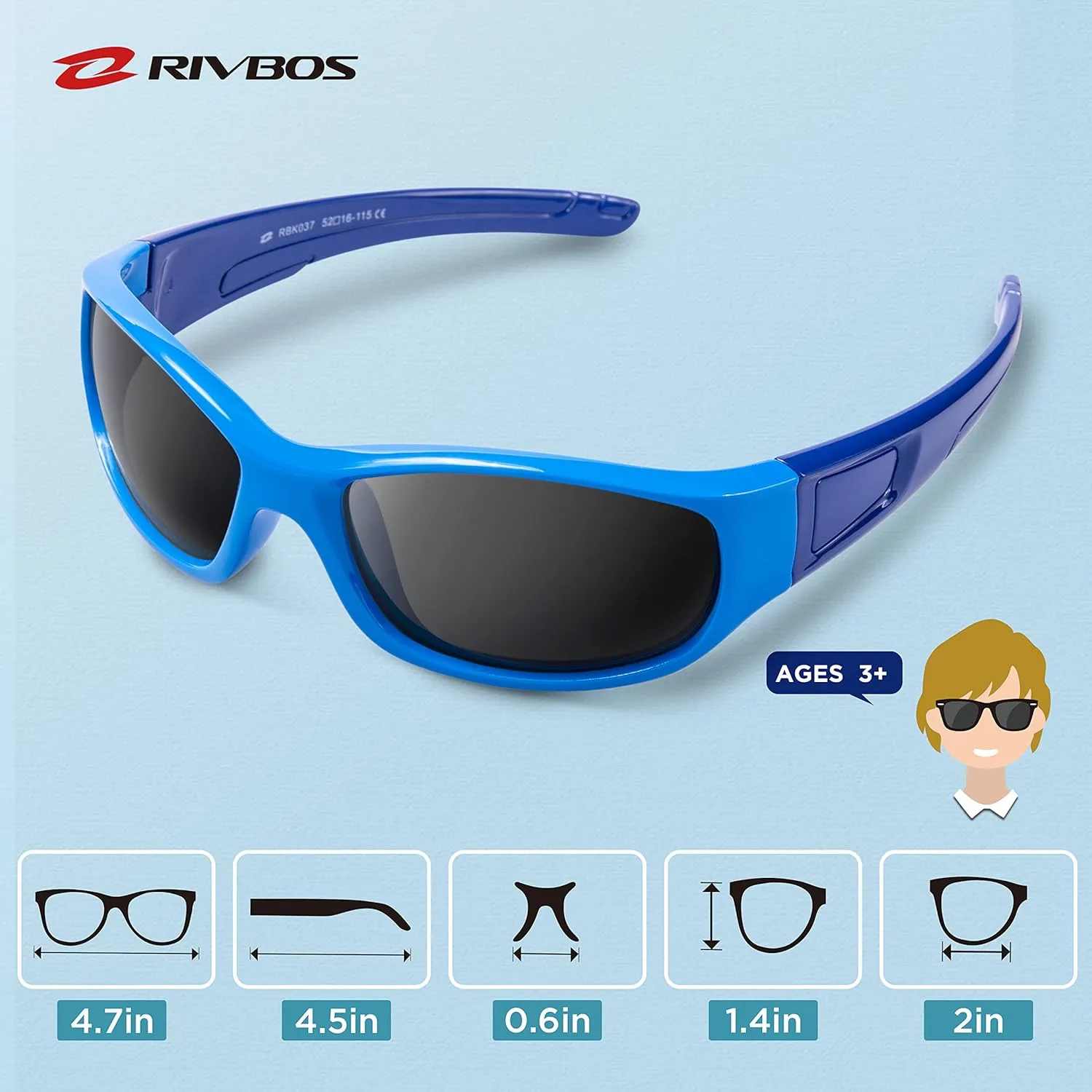 RIVBOS Kids Sunglasses Polarized UV Protection Flexible Rubber Glasses Shades with Strap for Boys Girls RBK037