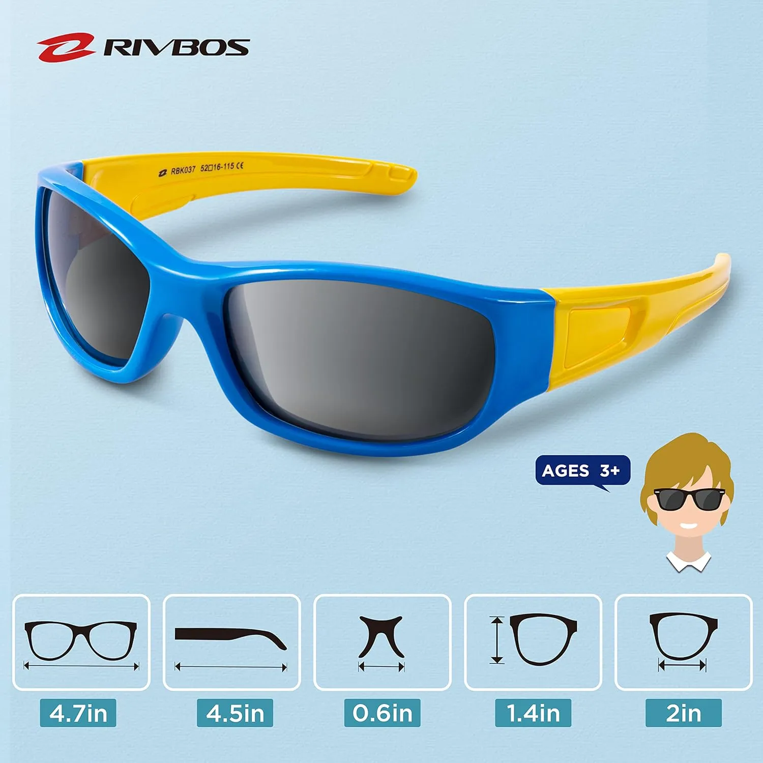 RIVBOS Kids Sunglasses Polarized UV Protection Flexible Rubber Glasses Shades with Strap for Boys Girls RBK037