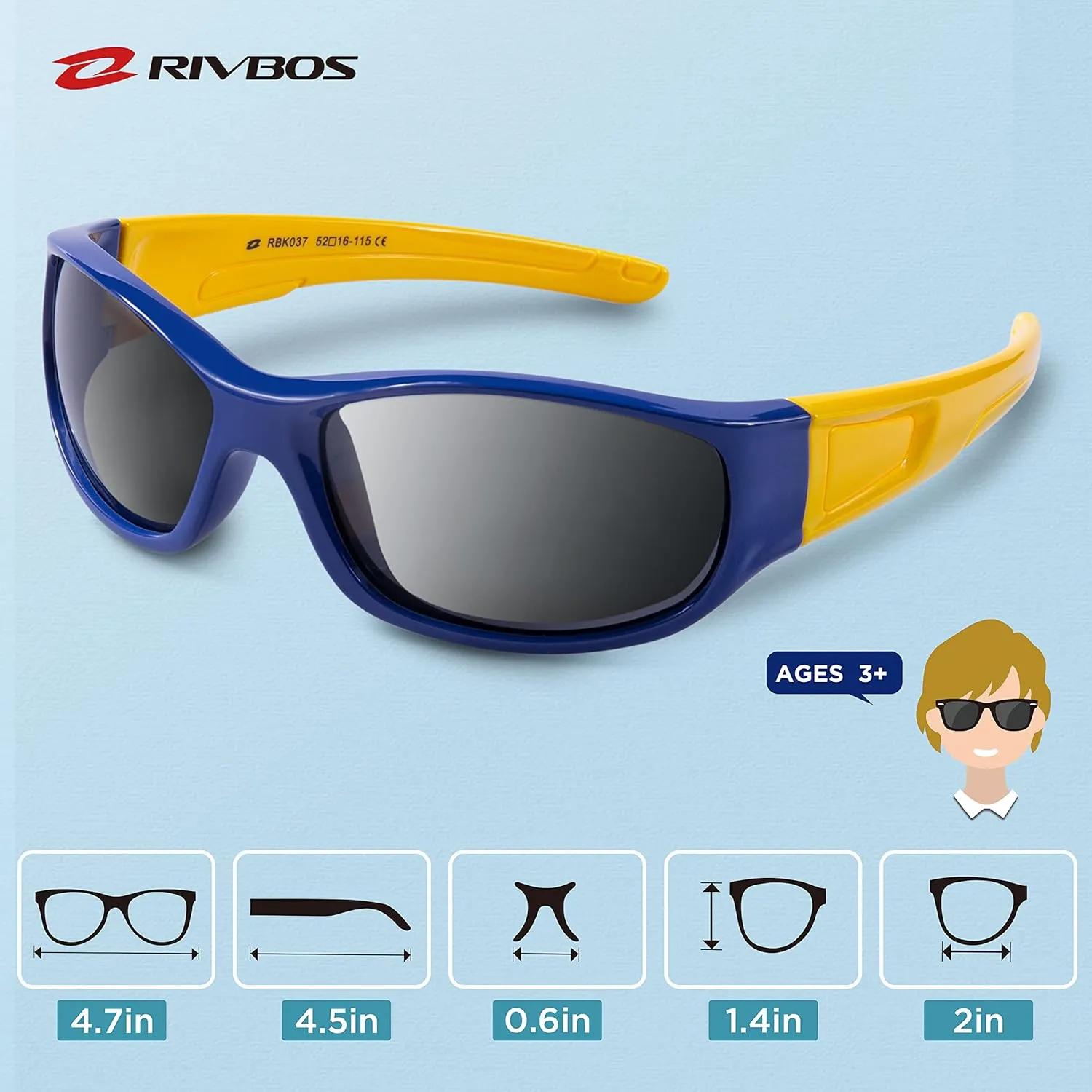 RIVBOS Kids Sunglasses Polarized UV Protection Flexible Rubber Glasses Shades with Strap for Boys Girls RBK037