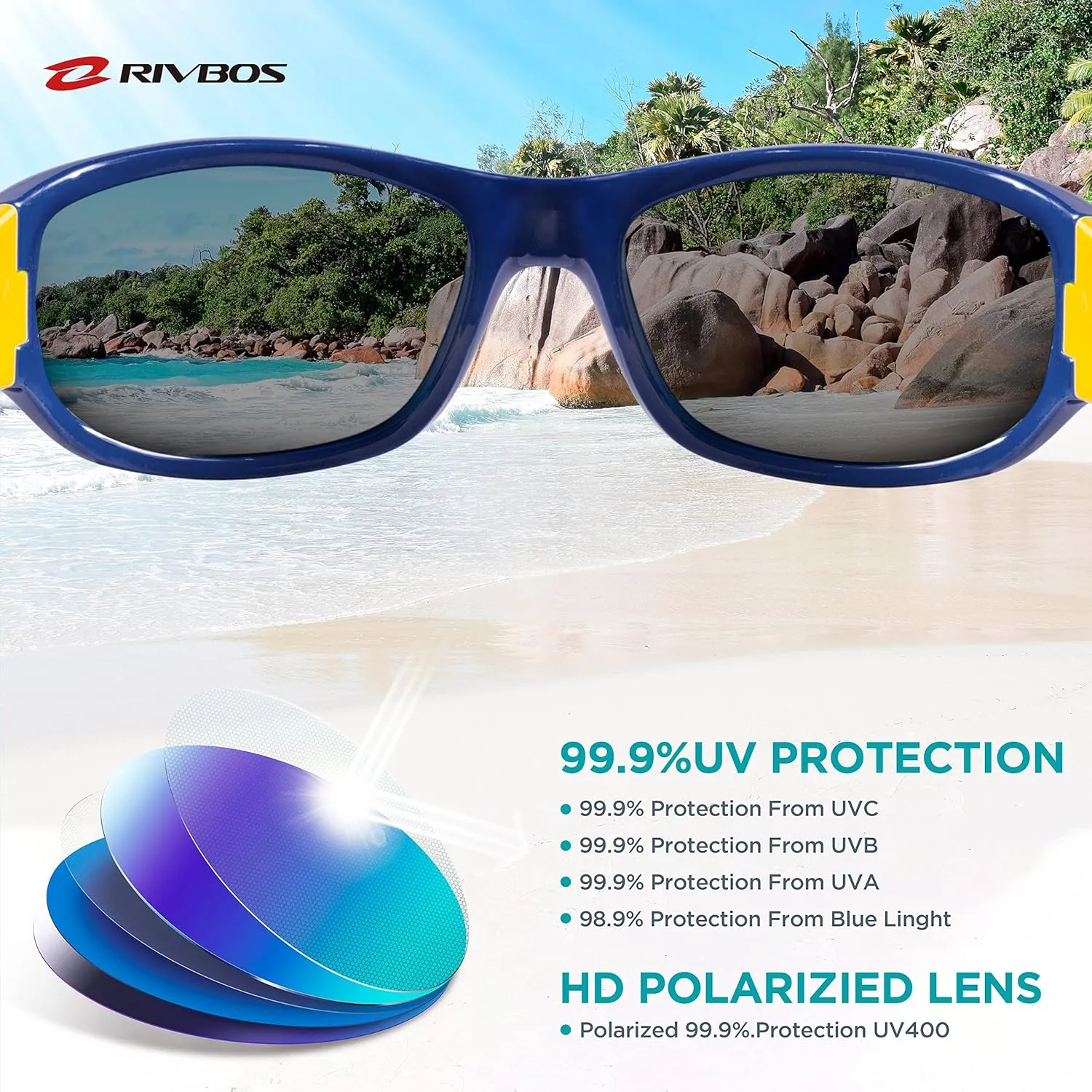 RIVBOS Kids Sunglasses Polarized UV Protection Flexible Rubber Glasses Shades with Strap for Boys Girls RBK037