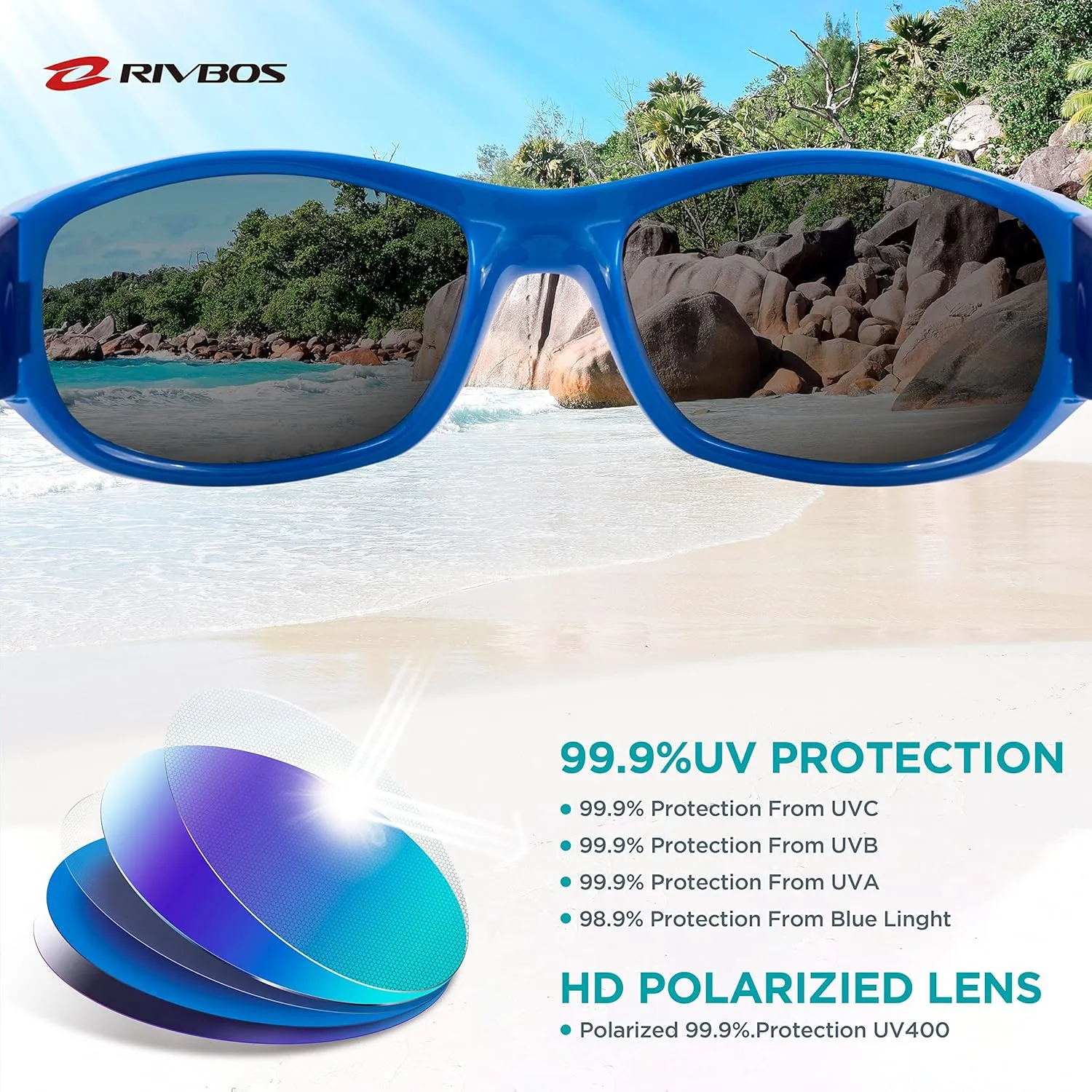 RIVBOS Kids Sunglasses Polarized UV Protection Flexible Rubber Glasses Shades with Strap for Boys Girls RBK037