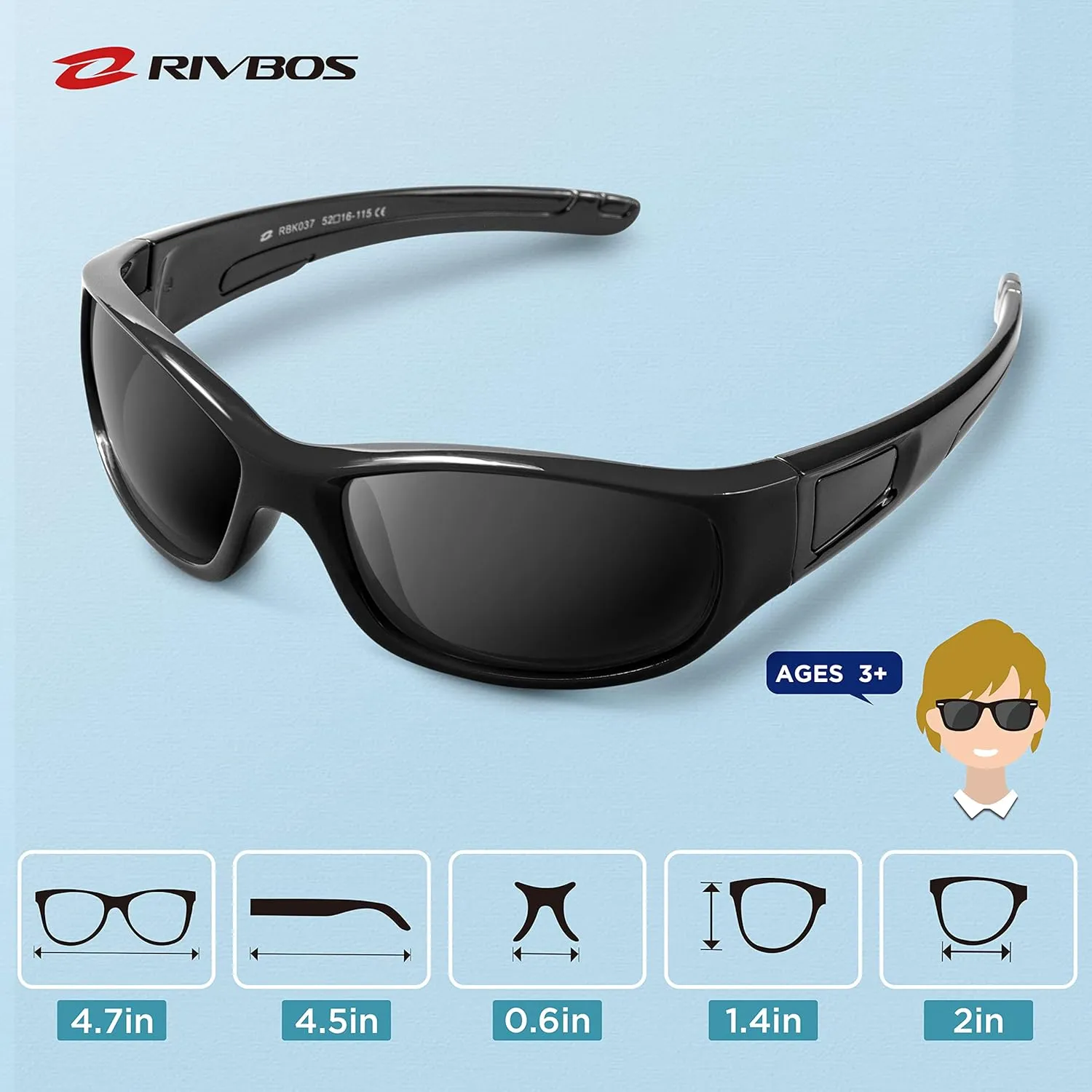 RIVBOS Kids Sunglasses Polarized UV Protection Flexible Rubber Glasses Shades with Strap for Boys Girls RBK037