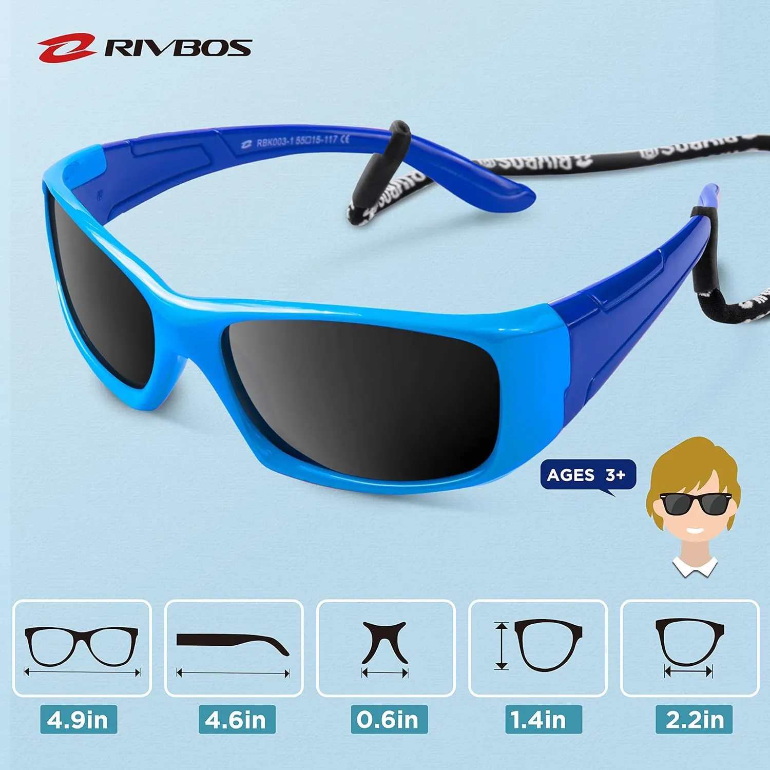 RIVBOS Kids Sunglasses with Strap Polarized UV Protection Flexible Rubber Shades for Boys Girls RBK003
