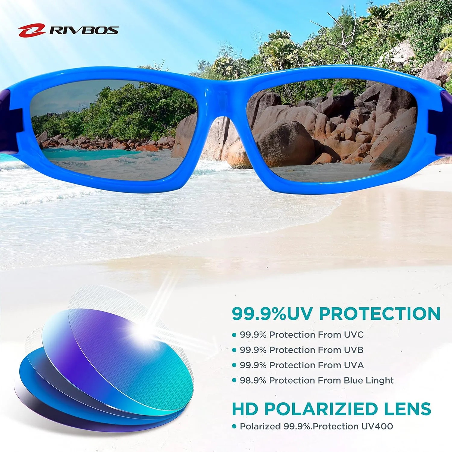 RIVBOS Kids Sunglasses with Strap Polarized UV Protection Flexible Rubber Shades for Boys Girls RBK003