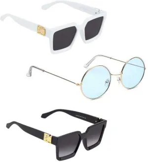 RMKK Retro Square, Round Sunglasses (For Men & Women, Black, Blue, Black)