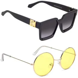 RMKK Retro Square, Round Sunglasses (For Men & Women, Black, Yellow)
