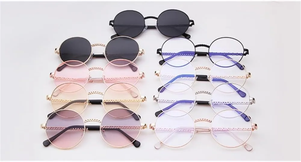 Round Chain Sunglasses Women Vintage Retro Frame Flat Top Sun Glasses Lady Female Shades
