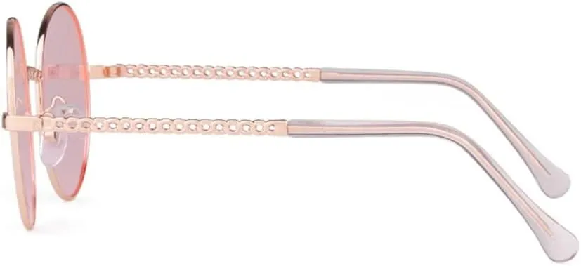 Round Chain Sunglasses Women Vintage Retro Frame Flat Top Sun Glasses Lady Female Shades