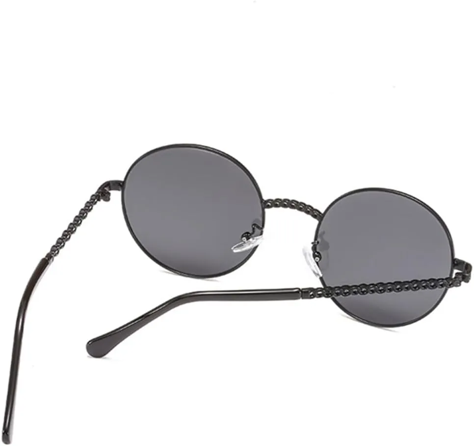Round Chain Sunglasses Women Vintage Retro Frame Flat Top Sun Glasses Lady Female Shades