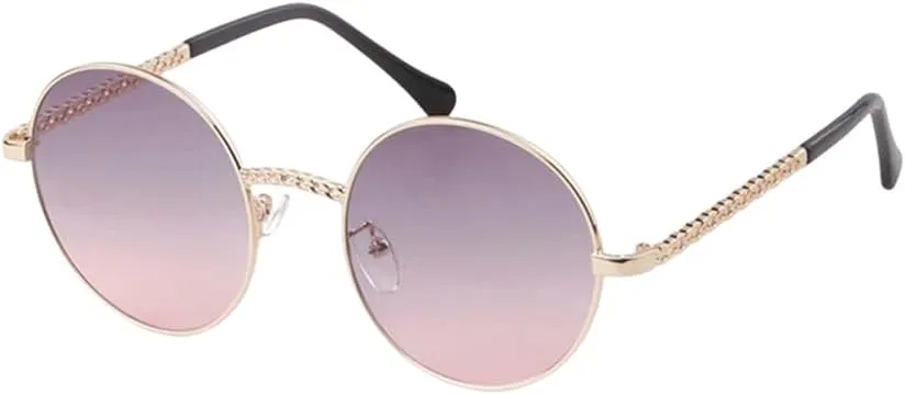 Round Chain Sunglasses Women Vintage Retro Frame Flat Top Sun Glasses Lady Female Shades