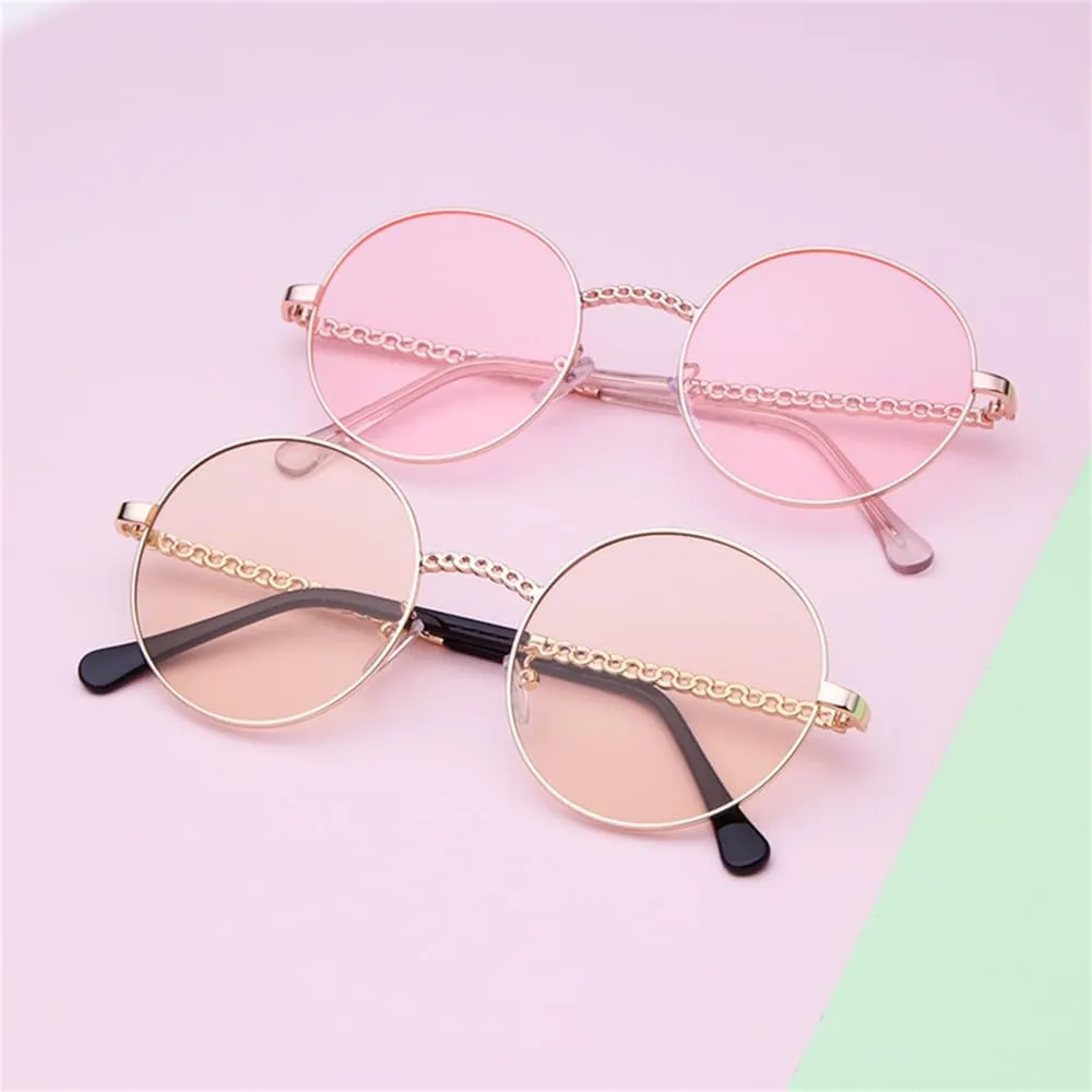 Round Chain Sunglasses Women Vintage Retro Frame Flat Top Sun Glasses Lady Female Shades