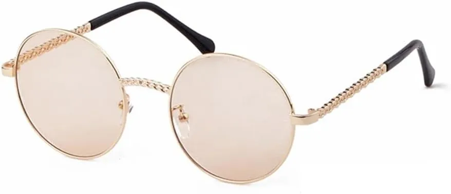 Round Chain Sunglasses Women Vintage Retro Frame Flat Top Sun Glasses Lady Female Shades