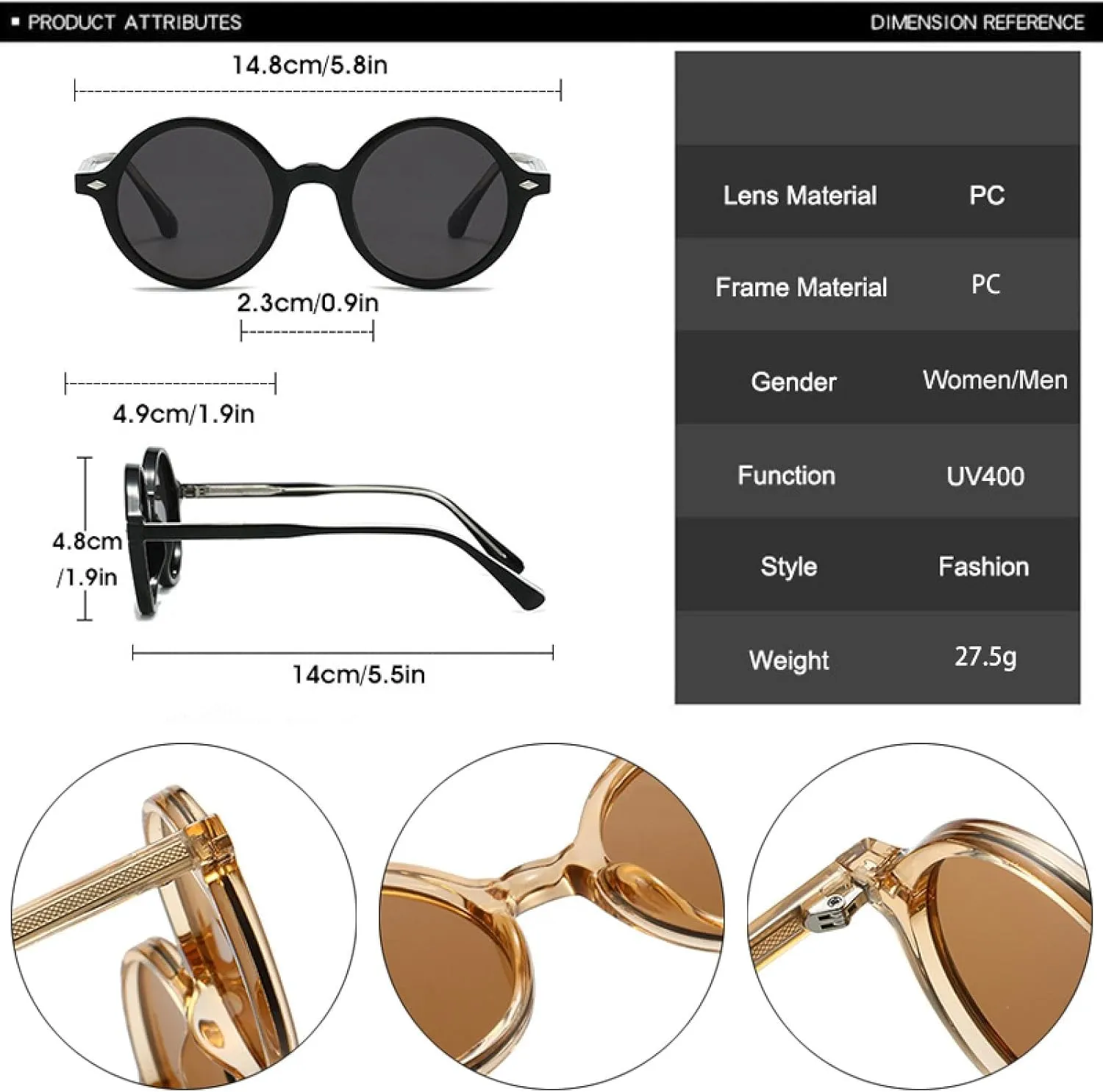 Round Women Sunglasses Fashion Punk Rivets Men Tea Green Uv400