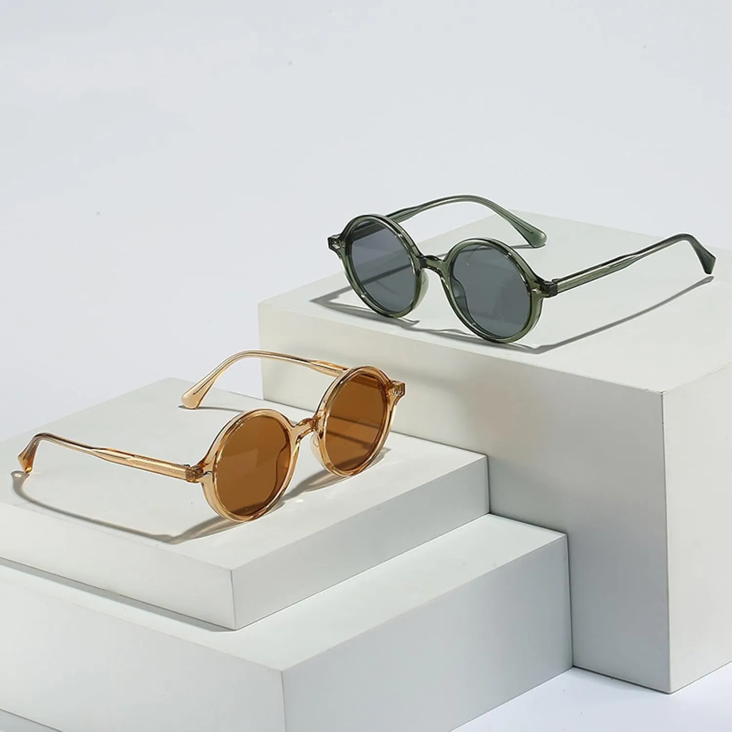 Round Women Sunglasses Fashion Punk Rivets Men Tea Green Uv400