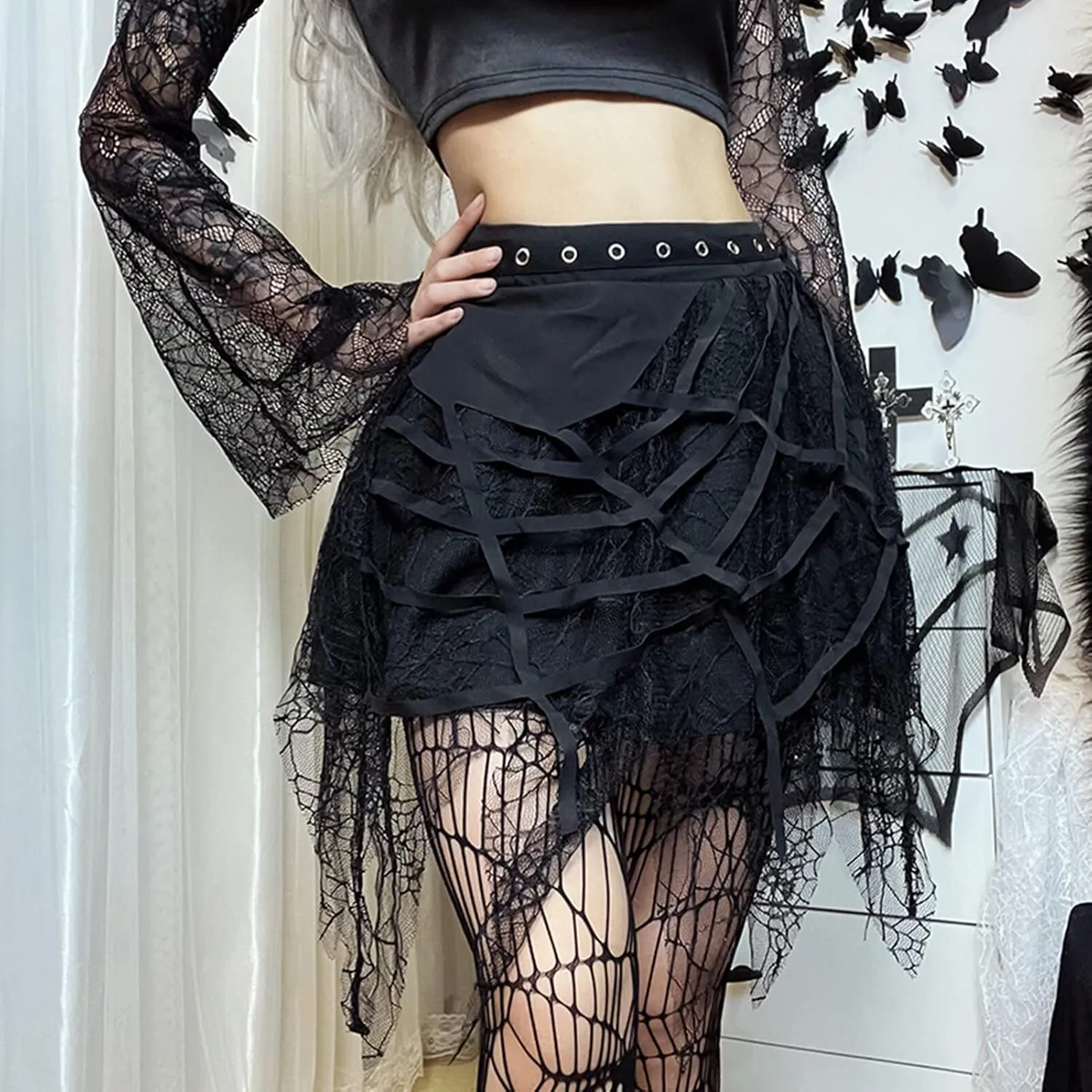SEAUR Womens Girls Gothic Punk Mini Skirts Fashion High Waisted Y2K Skirt Sexy Tie Up Lace Patchwork Skorts