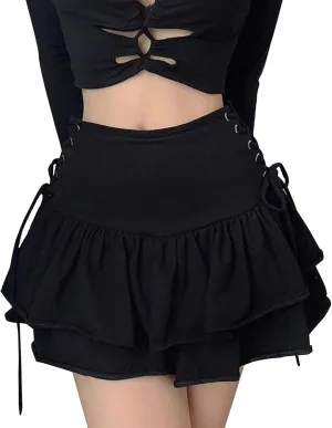SEAUR Womens Girls Gothic Punk Mini Skirts Fashion High Waisted Y2K Skirt Sexy Tie Up Lace Patchwork Skorts
