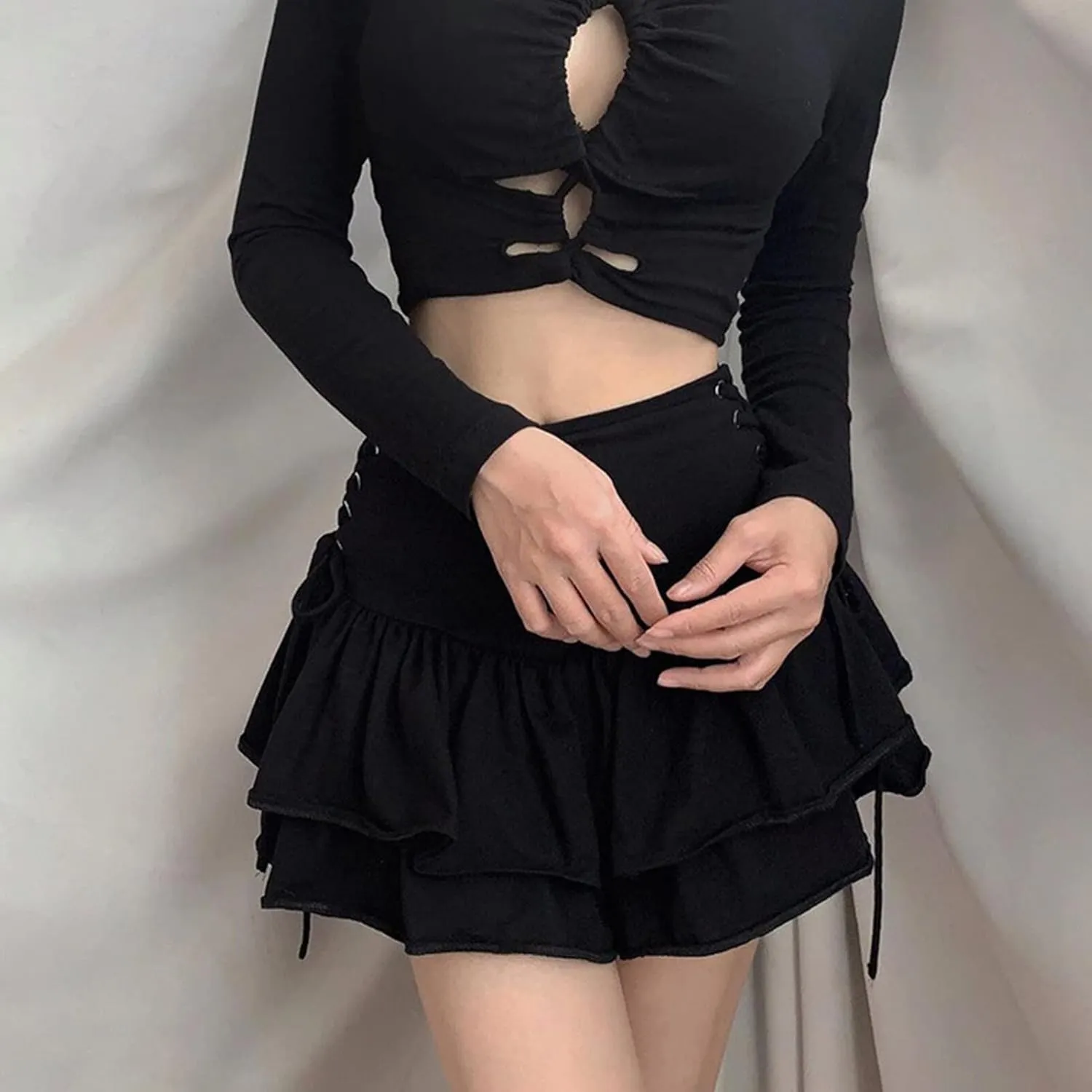 SEAUR Womens Girls Gothic Punk Mini Skirts Fashion High Waisted Y2K Skirt Sexy Tie Up Lace Patchwork Skorts