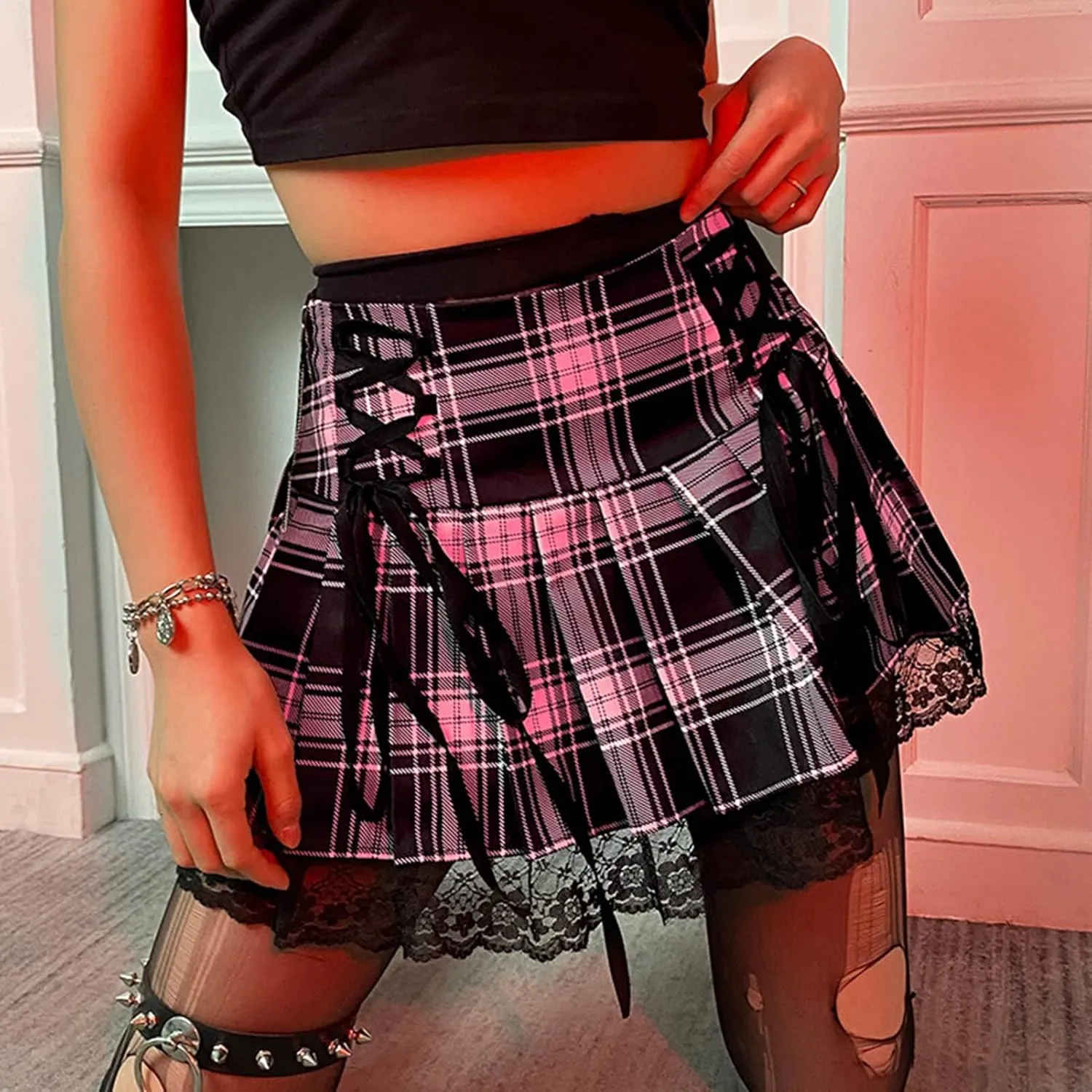SEAUR Womens Girls Gothic Punk Mini Skirts Fashion High Waisted Y2K Skirt Sexy Tie Up Lace Patchwork Skorts